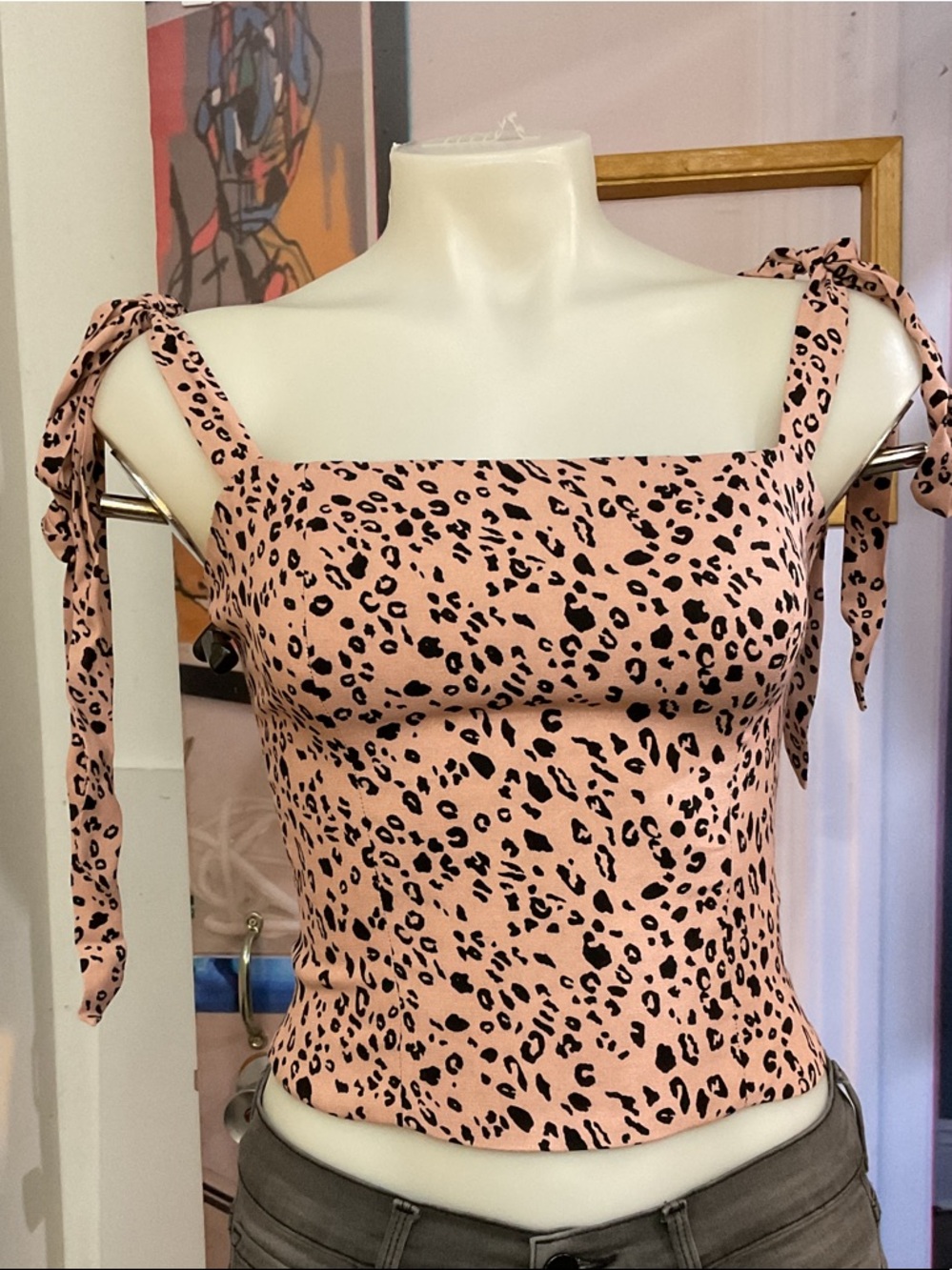 Reformation Pink Leopard Tie-Shoulder Square Neck Crop Top